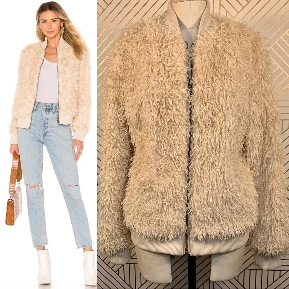 Chaser Faux Fur Lamby Bomber‎ Jacket in Cream